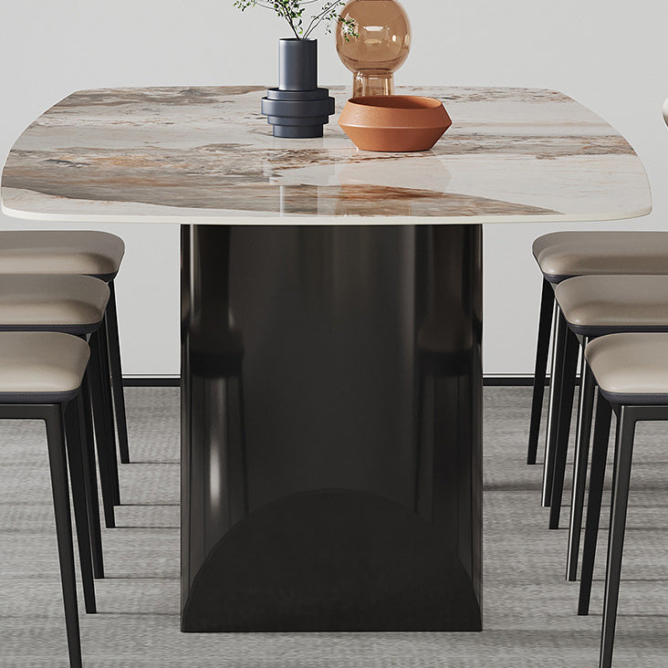 Stone Top Dining Table Modern Rectangle Table with Black Double Pedestal Base