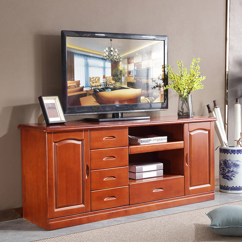 Modern TV Stand Rubber Wood Open Storage TV Console with Drawers and Doors