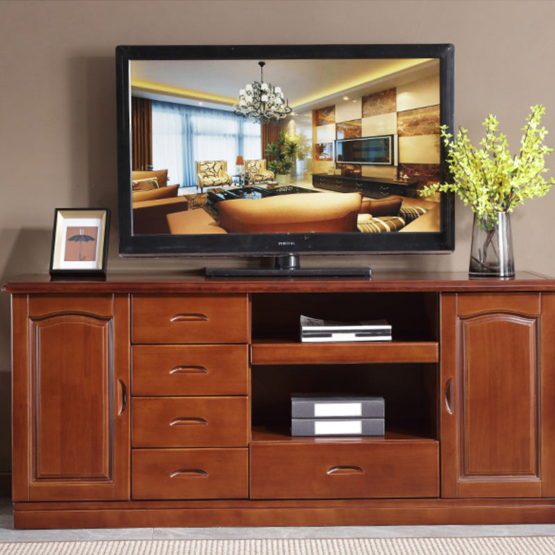 Modern TV Stand Rubber Wood Open Storage TV Console with Drawers and Doors