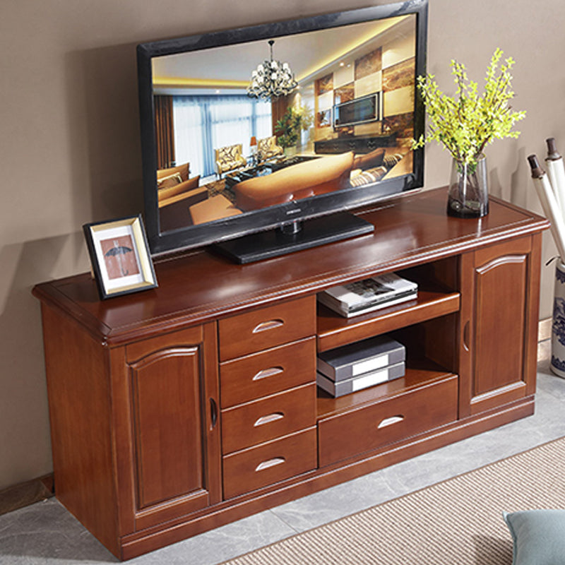 Modern TV Stand Rubber Wood Open Storage TV Console with Drawers and Doors