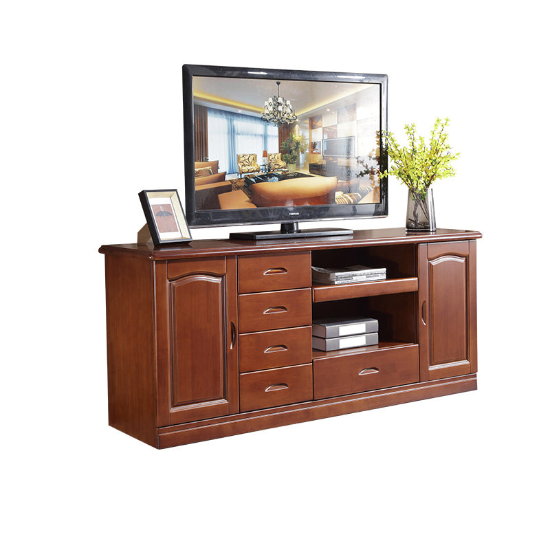 Modern TV Stand Rubber Wood Open Storage TV Console with Drawers and Doors