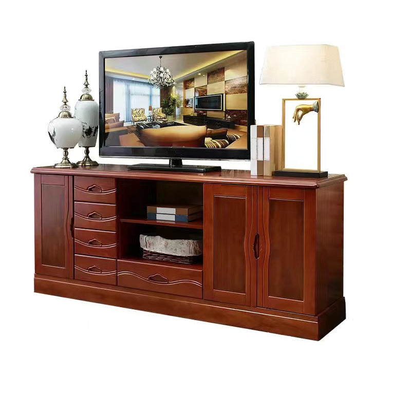 Modern TV Stand Rubber Wood Open Storage TV Console with Drawers and Doors