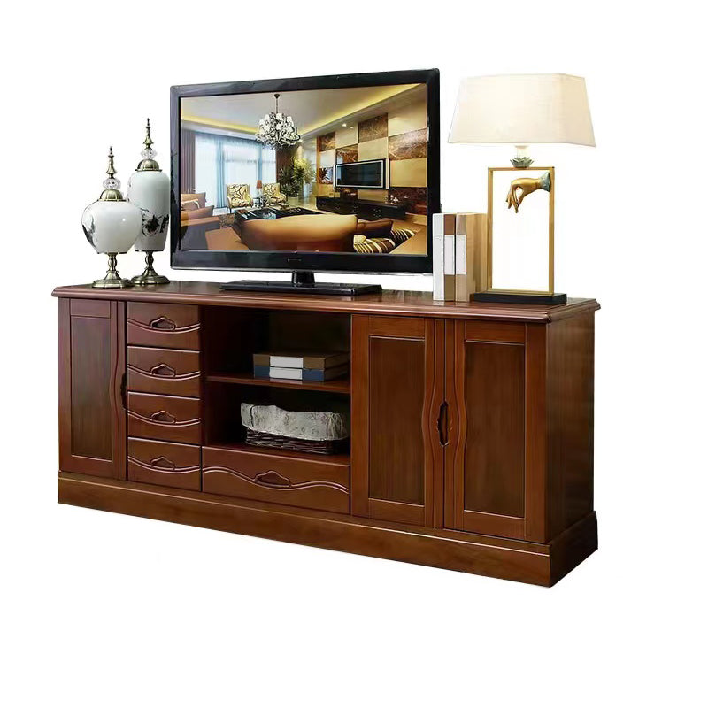 Modern TV Stand Rubber Wood Open Storage TV Console with Drawers and Doors