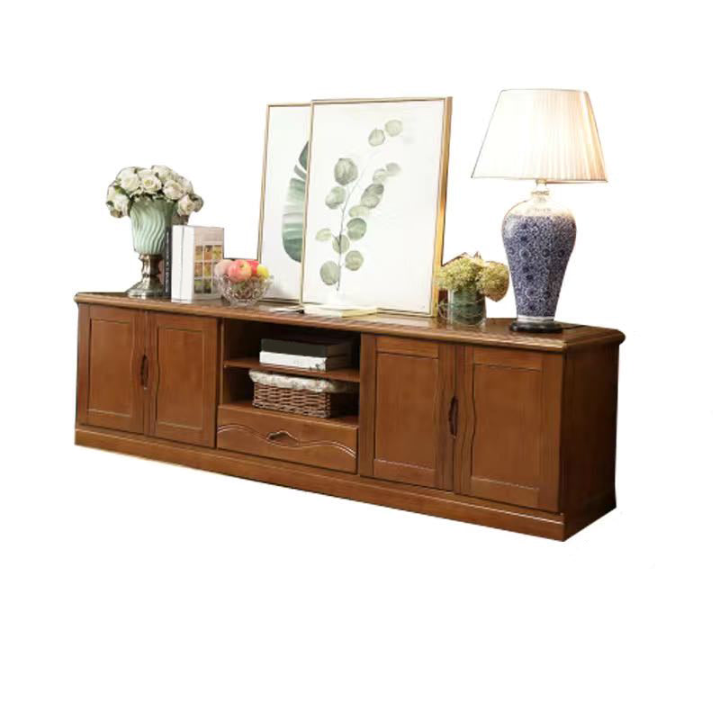 Modern TV Stand Rubber Wood Open Storage TV Console with Drawers and Doors