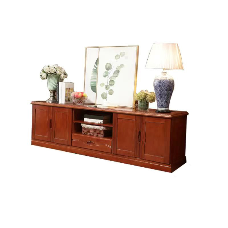 Modern TV Stand Rubber Wood Open Storage TV Console with Drawers and Doors