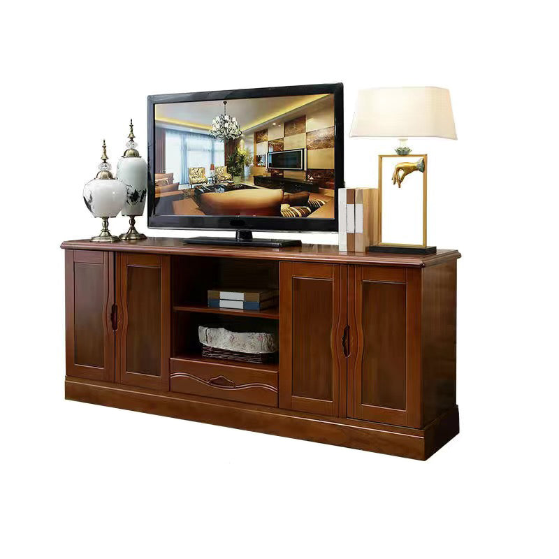 Modern TV Stand Rubber Wood Open Storage TV Console with Drawers and Doors