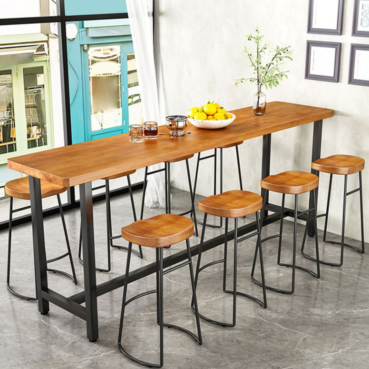 Rectangular Pine Wood Top Bar Table Industrial Bar Table with Trestle Base in Black