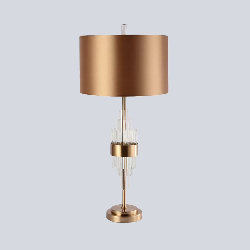 Straight Sided Shade Table Light Modernism Fabric 1 Bulb Small Desk Lamp in Gold with Crystal Bar