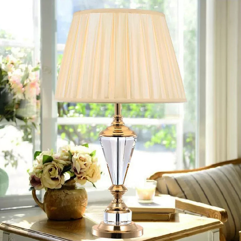 1 Head Tapered Fabric Study Lamp Contemporary Beveled Font Crystal Reading Book Light in White