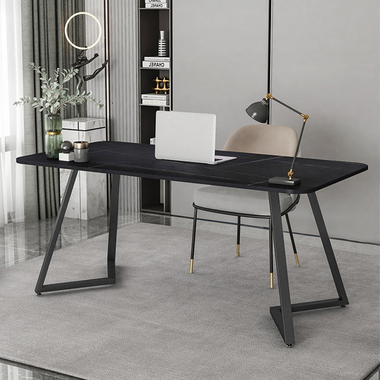 Rectangular Industrial Writing Desk Sintered Stone Top Black Base Desk