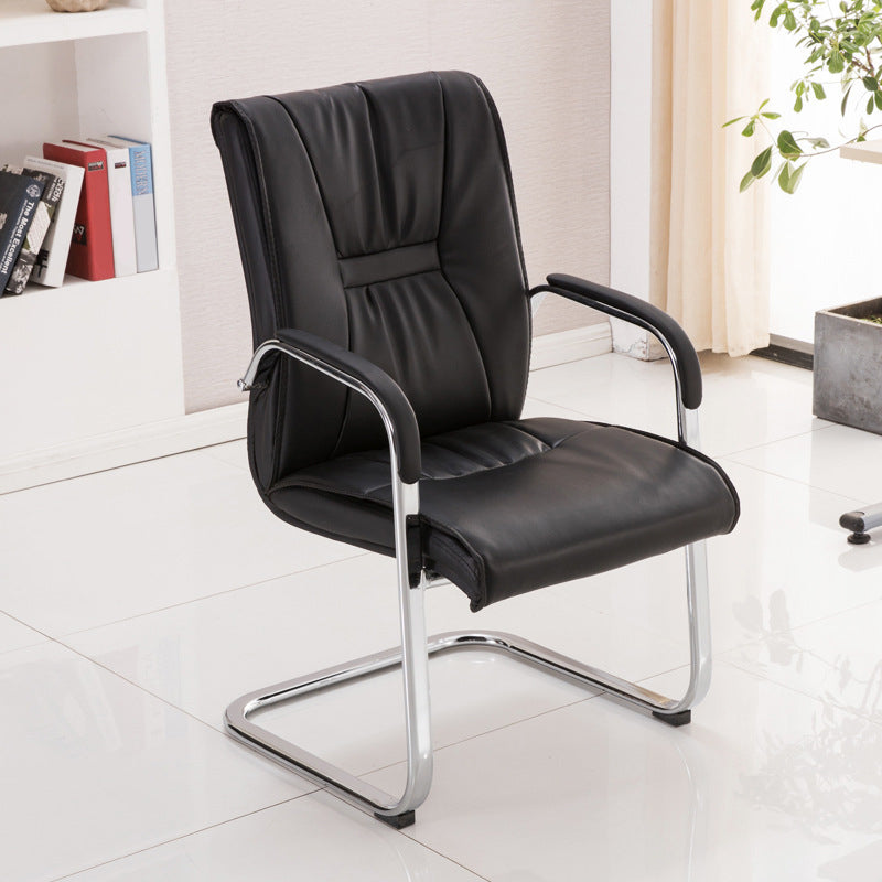 Mid Back Task Chair Black Leather Fixed Arm Office Chair with Steel Base