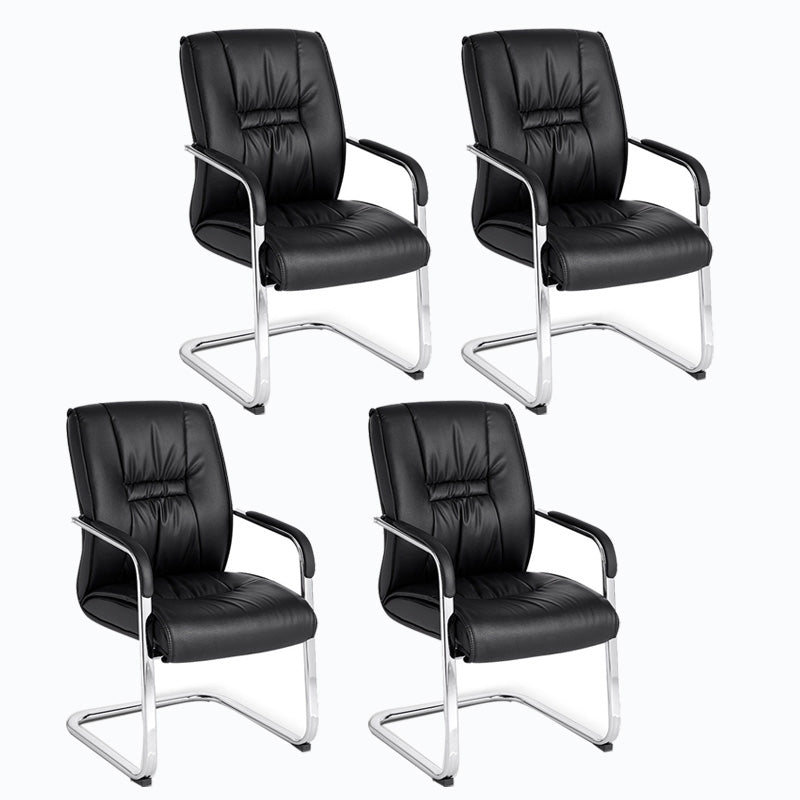 Mid Back Task Chair Black Leather Fixed Arm Office Chair with Steel Base