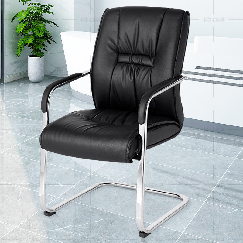 Mid Back Task Chair Black Leather Fixed Arm Office Chair with Steel Base