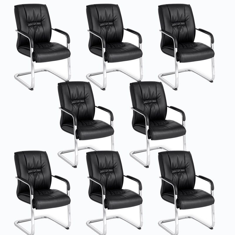 Mid Back Task Chair Black Leather Fixed Arm Office Chair with Steel Base