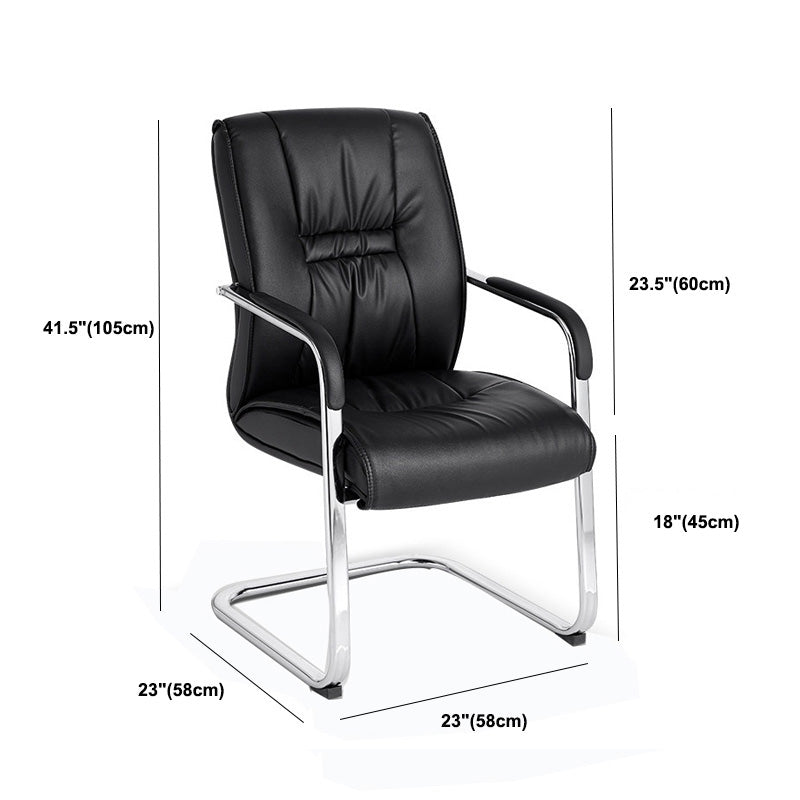 Mid Back Task Chair Black Leather Fixed Arm Office Chair with Steel Base