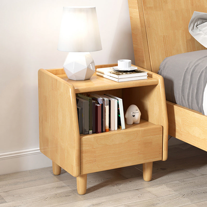 Solid Wood Night Table Modern 20 Inch H 1-Drawer Open Storage Nightstand with Legs