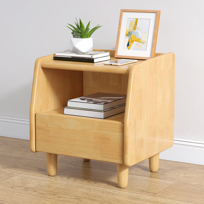 Solid Wood Night Table Modern 20 Inch H 1-Drawer Open Storage Nightstand with Legs