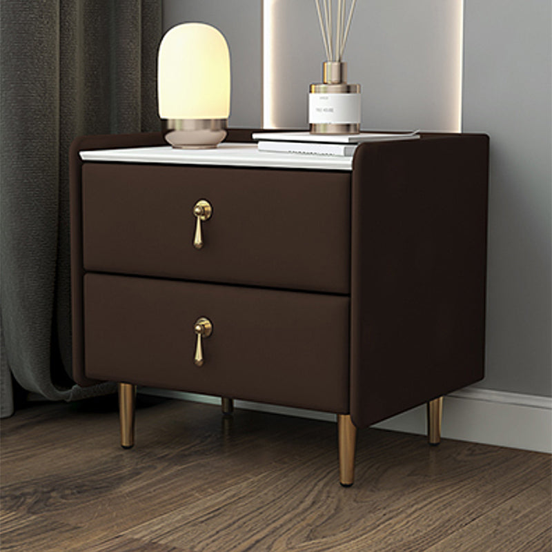 19 Inch Tall Nightstand Glam 2-Drawer Stone Top Faux Leather Night Table