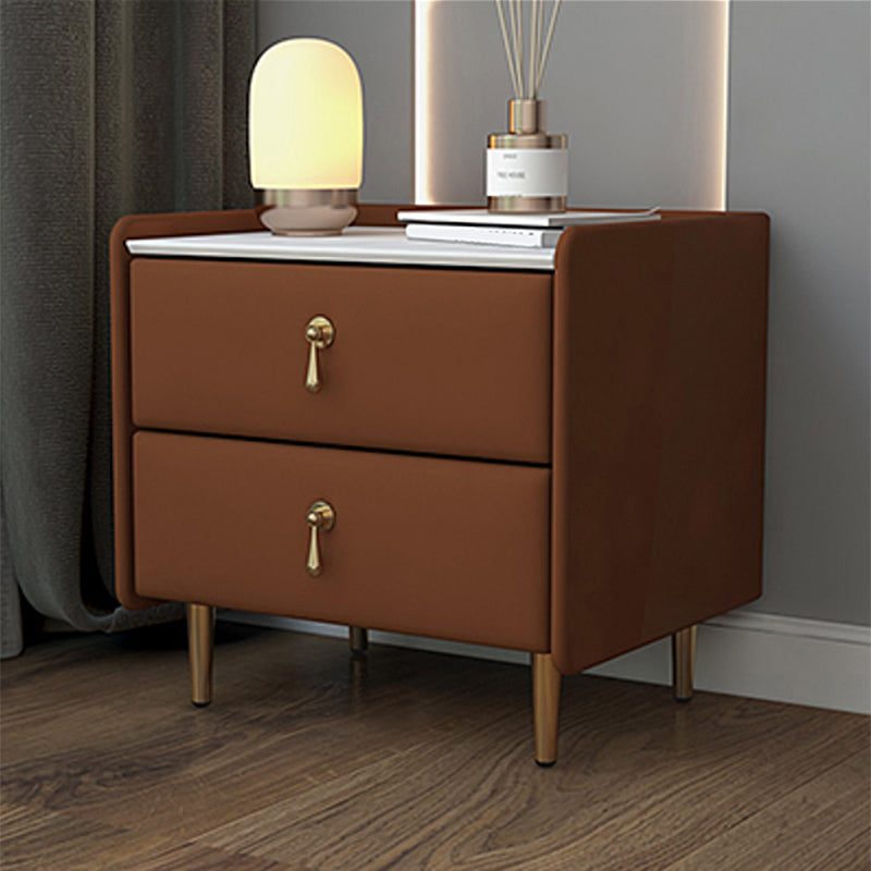 19 Inch Tall Nightstand Glam 2-Drawer Stone Top Faux Leather Night Table