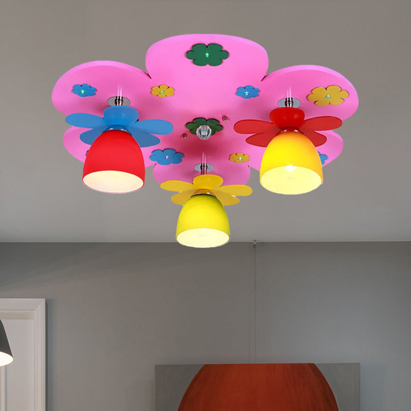 Nursing Room Blossom Ceiling Light with Bowl Shade Wood 3 Lights Modern Ceiling Mount Light