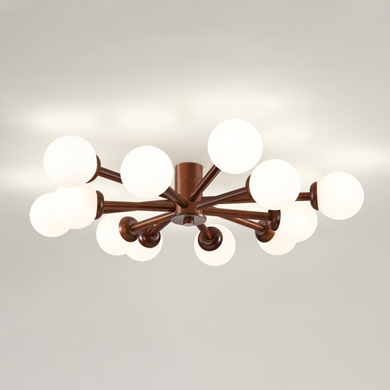 Brown Modern Ceiling Light Ball Shape Wood Flush Mount with Glass Shade for Bedroom