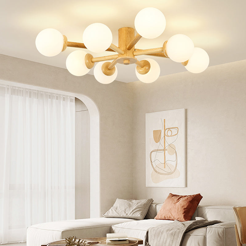 Brown Modern Ceiling Light Ball Shape Wood Flush Mount with Glass Shade for Bedroom