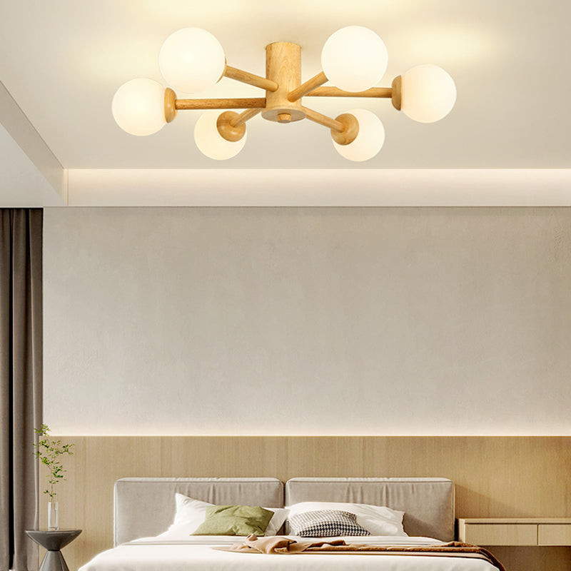 Brown Modern Ceiling Light Ball Shape Wood Flush Mount with Glass Shade for Bedroom