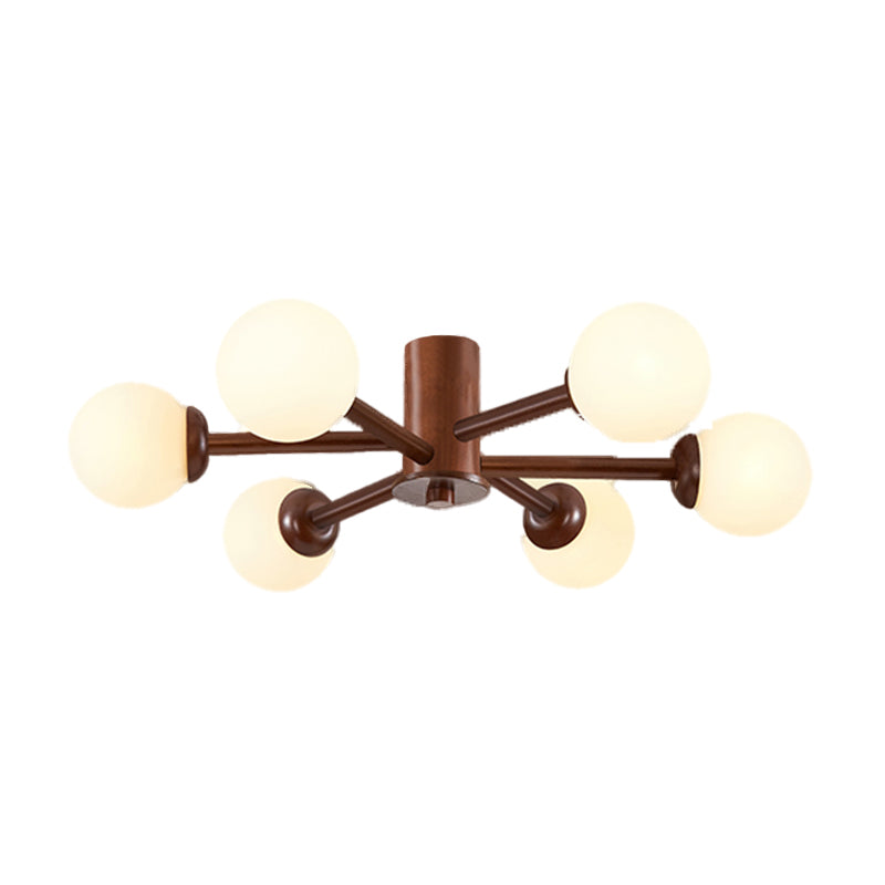 Brown Modern Ceiling Light Ball Shape Wood Flush Mount with Glass Shade for Bedroom