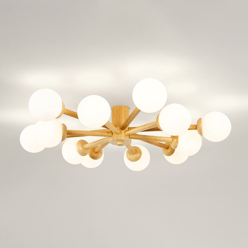 Brown Modern Ceiling Light Ball Shape Wood Flush Mount with Glass Shade for Bedroom