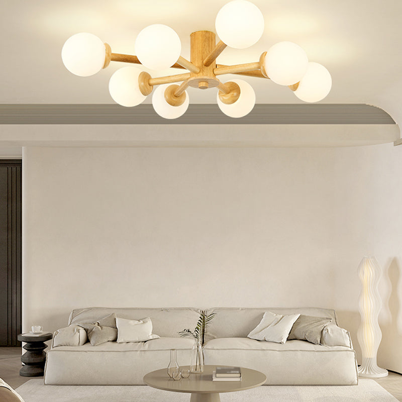 Brown Modern Ceiling Light Ball Shape Wood Flush Mount with Glass Shade for Bedroom