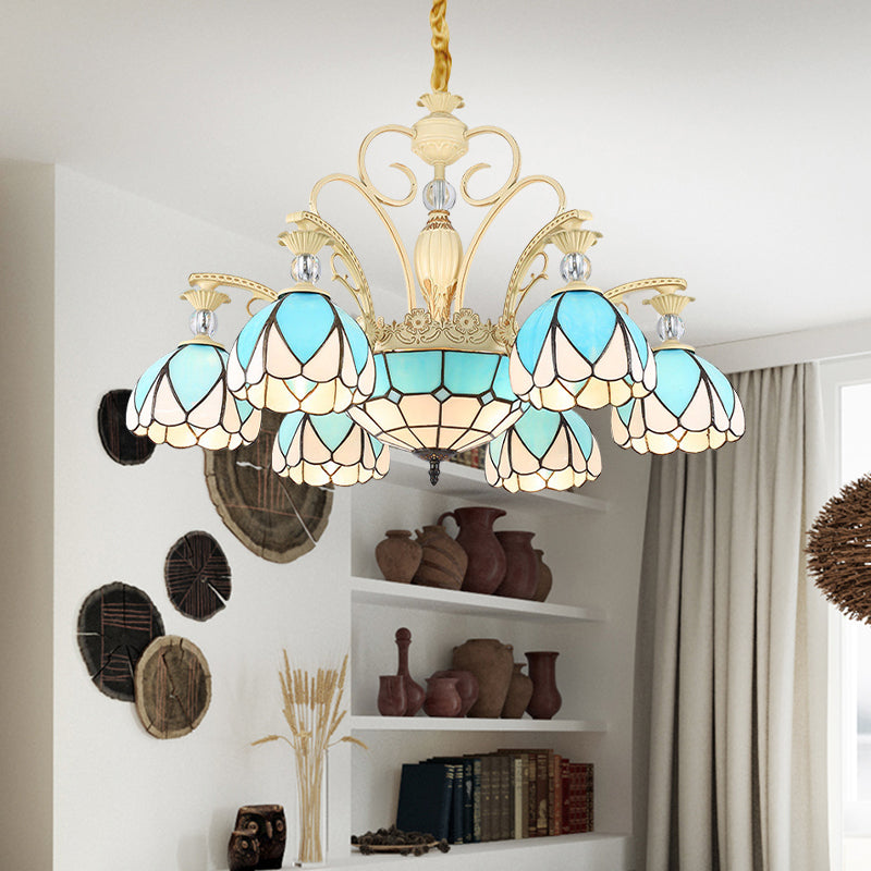 Dome Chandelier Lamp Tiffany Style 3/6/9 Lights Sky Blue Down Lighting Pendentif For Bedroom