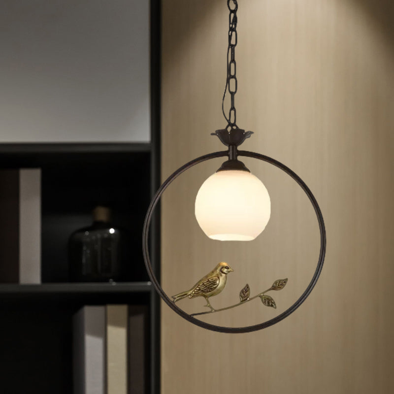 1 Light Ring Pendant Light Fixture Minimalist Gold/Black Metal Hanging Light with Bird Decoration