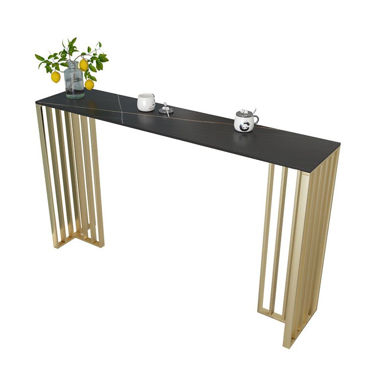 Polished Finish Stone Top Bar Table Glam Rectangle Pub Table with Metal Frame