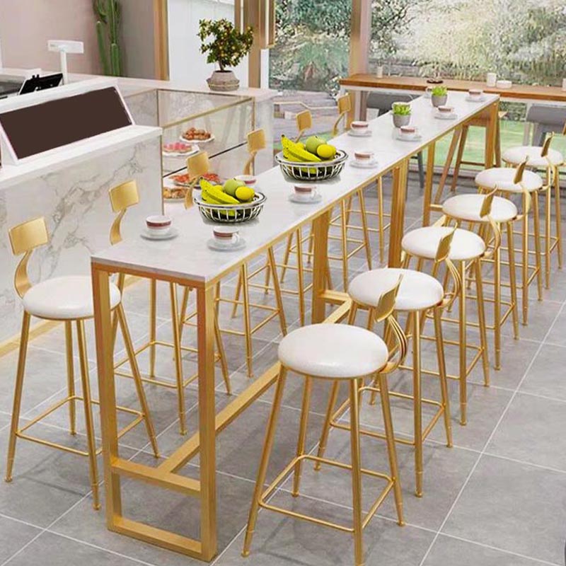 Glam Bistro Table with Gold Metal Trestle Polished Finish Stone Top Bar Table