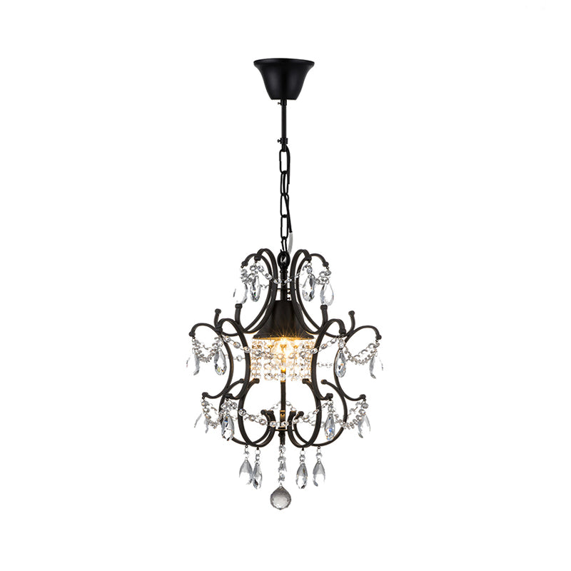 Lantern Pendant Light Fixture Vintage Iron Frame 1 Light Black Ceiling Light with Crystal Accent