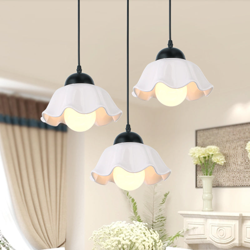 1/3 Light Ceiling Pendant Light Classic Scalloped Black Ceramic Hanging Lamp for Dining Room