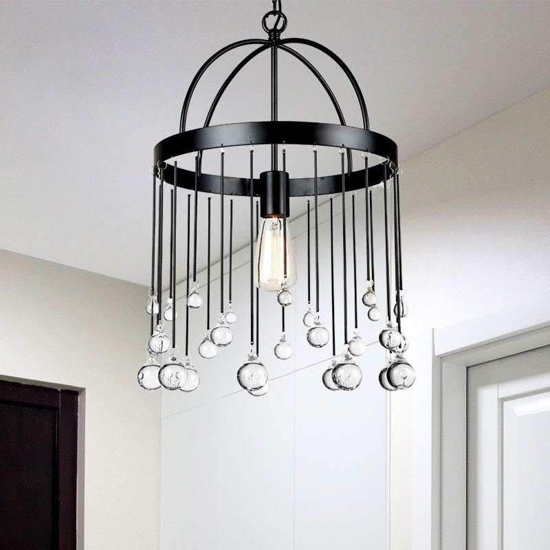 1 Light Hanging Light Kit Traditional Round Metal Pendant in Black with Clear Crystal Drops