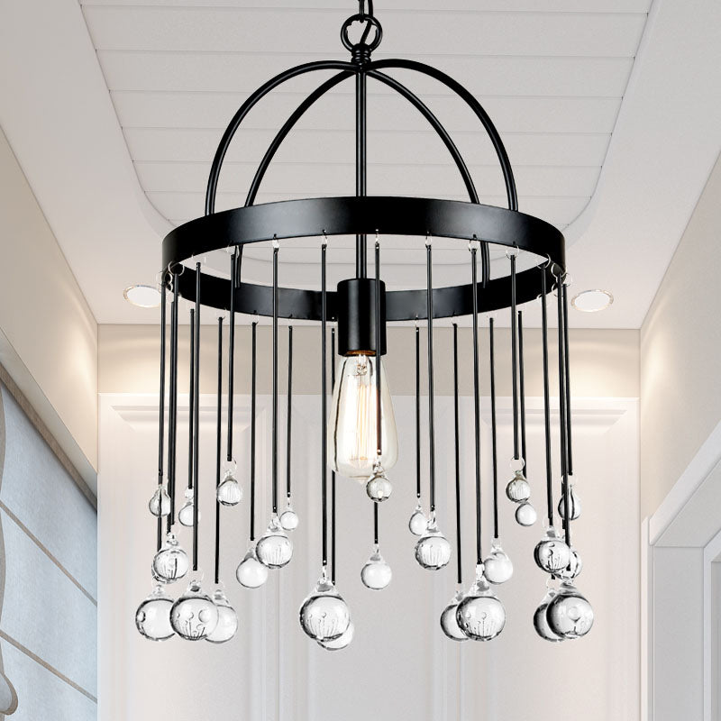 1 Light Hanging Light Kit Traditional Round Metal Pendant in Black with Clear Crystal Drops