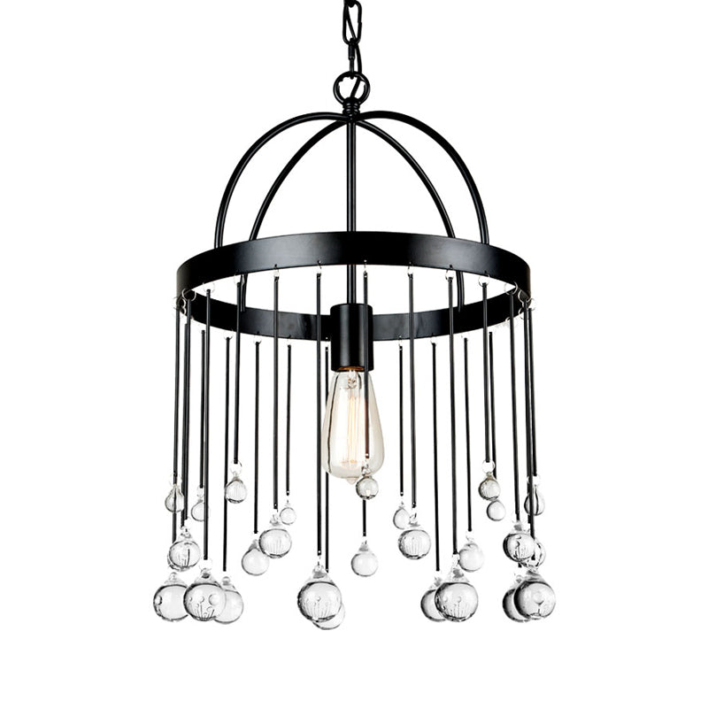 1 Light Hanging Light Kit Traditional Round Metal Pendant in Black with Clear Crystal Drops