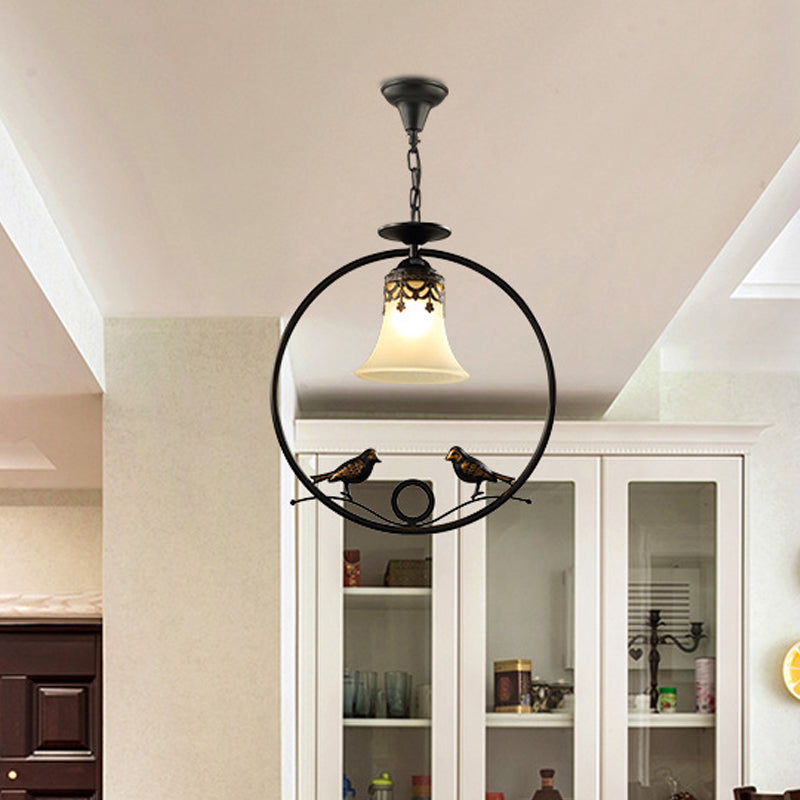 1 Light Round Pendant Lighting Fixture Classical Black Metal Hanging Ceiling Light with Bell Shade and Bird