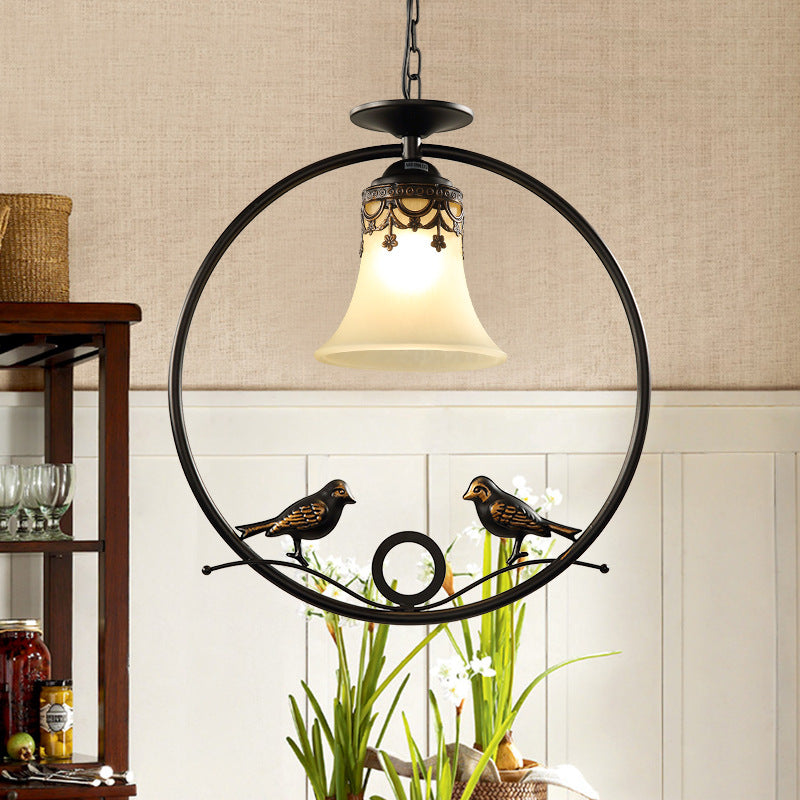 1 Light Round Pendant Lighting Fixture Classical Black Metal Hanging Ceiling Light with Bell Shade and Bird