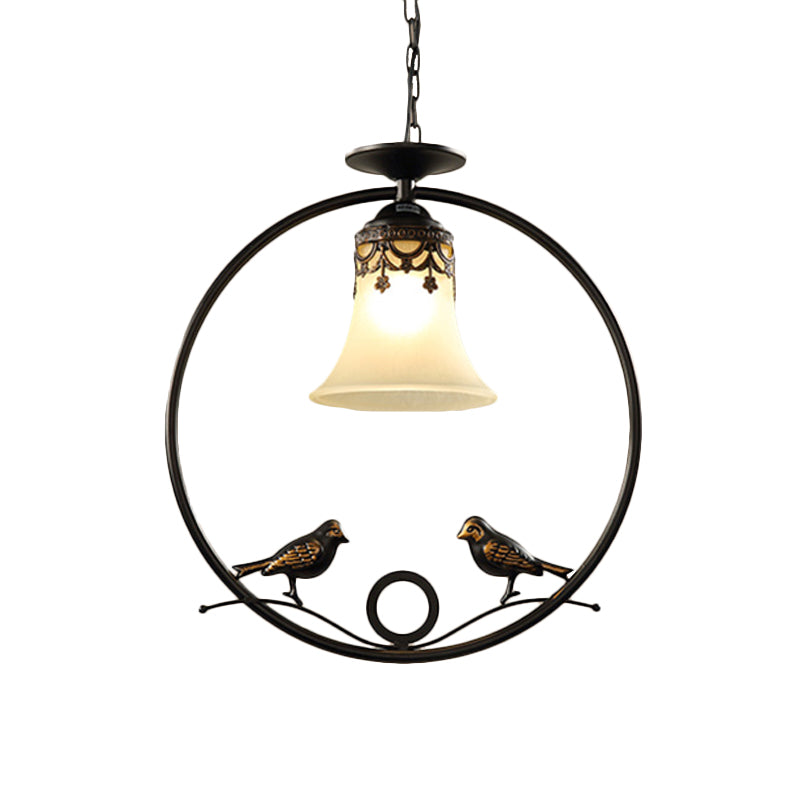 1 Light Round Pendant Lighting Fixture Classical Black Metal Hanging Ceiling Light with Bell Shade and Bird