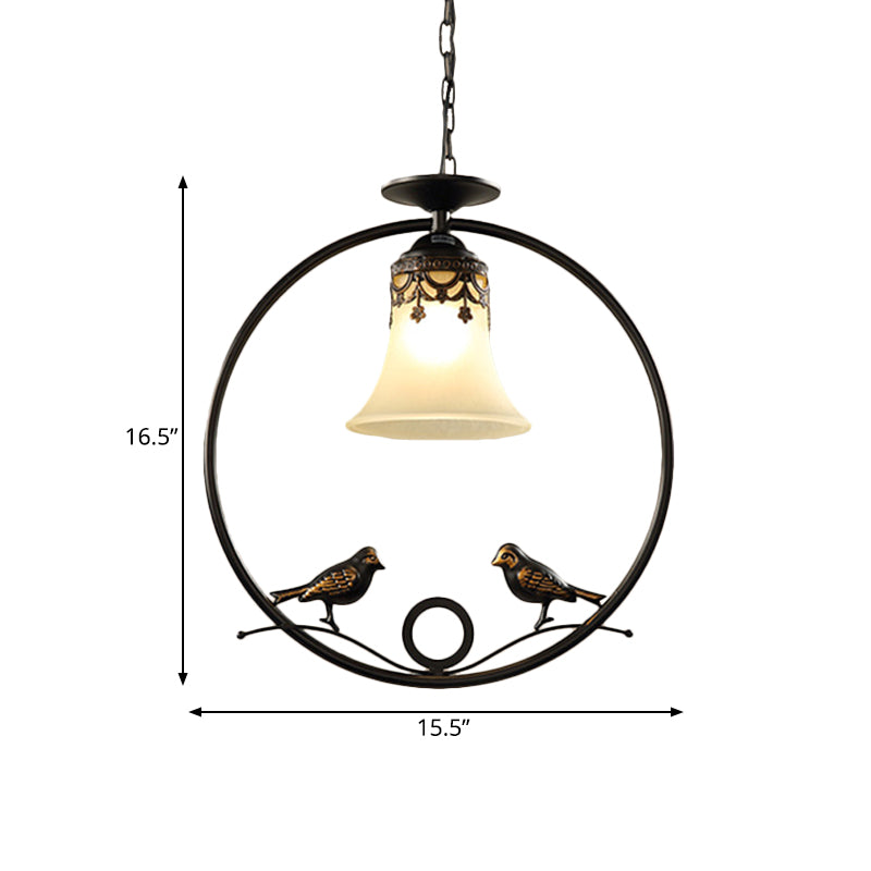 1 Light Round Pendant Lighting Fixture Classical Black Metal Hanging Ceiling Light with Bell Shade and Bird