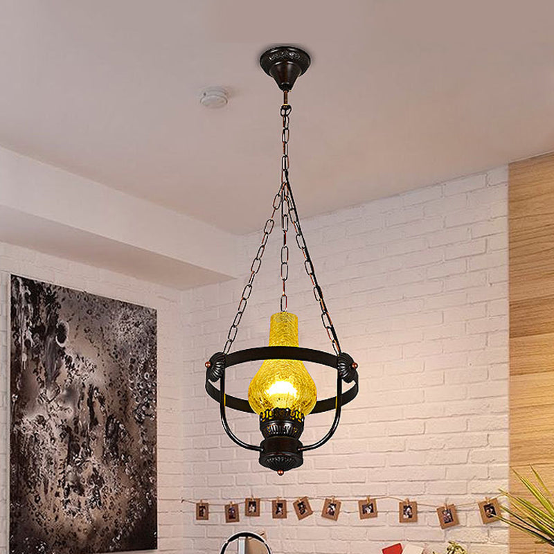 Black 1 Light Pendant Lighting Classic Crackle Glass Vase Shade suspendu lampe avec anneau métallique