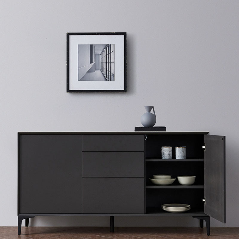 Black Buffet Sideboard Sintered Stone Top Server with Door and Drawer