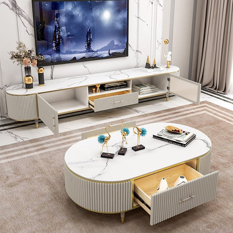 Glam Style Stone TV Stand Open Storage TV Stand Console with 2-Door