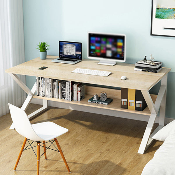 Rectangular Manufactured Wood Writing Desk Contemporary Trestle Base Desk with Shelf