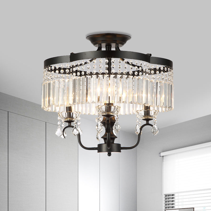 Iron Floral Frame Semi Flush Chandelier Transitional 4/6-Light Ceiling Lamp with Crystal Cascade in Black/Gold