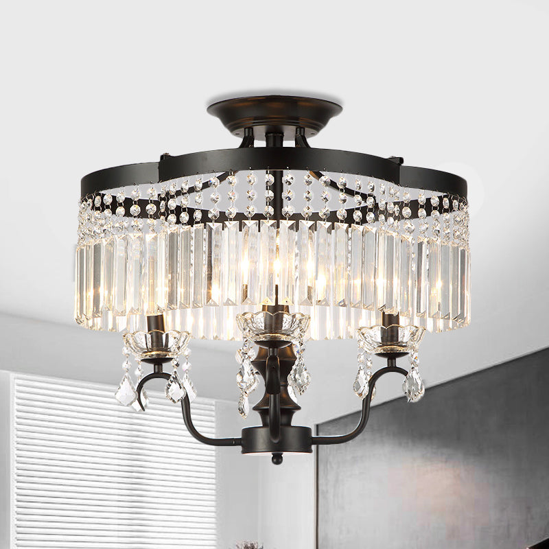 Iron Floral Frame Semi Flush Chandelier Transitional 4/6-Light Ceiling Lamp with Crystal Cascade in Black/Gold