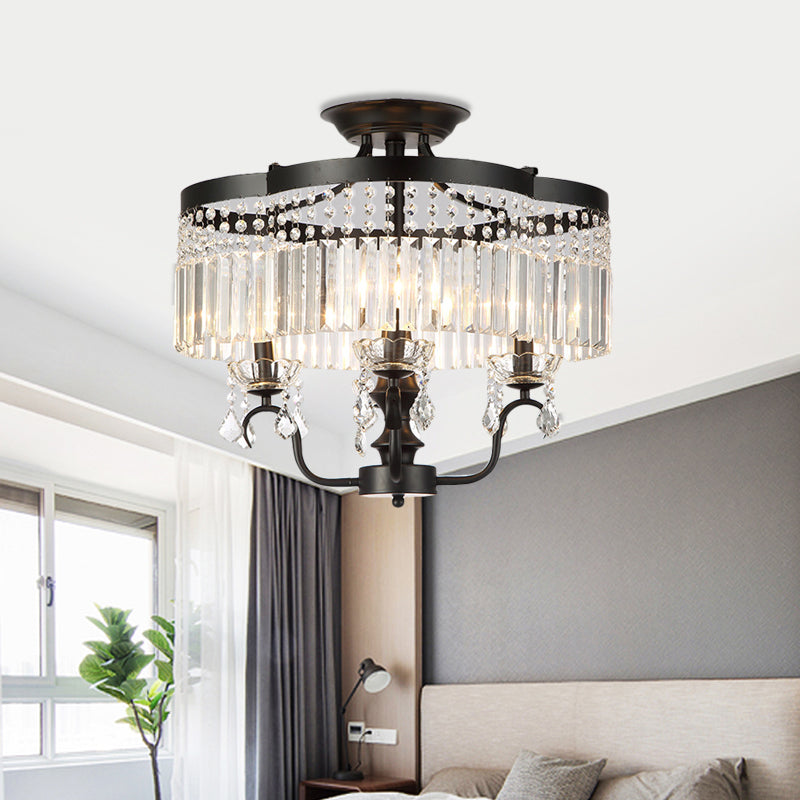 Iron Floral Frame Semi Flush Chandelier Transitional 4/6-Light Ceiling Lamp with Crystal Cascade in Black/Gold